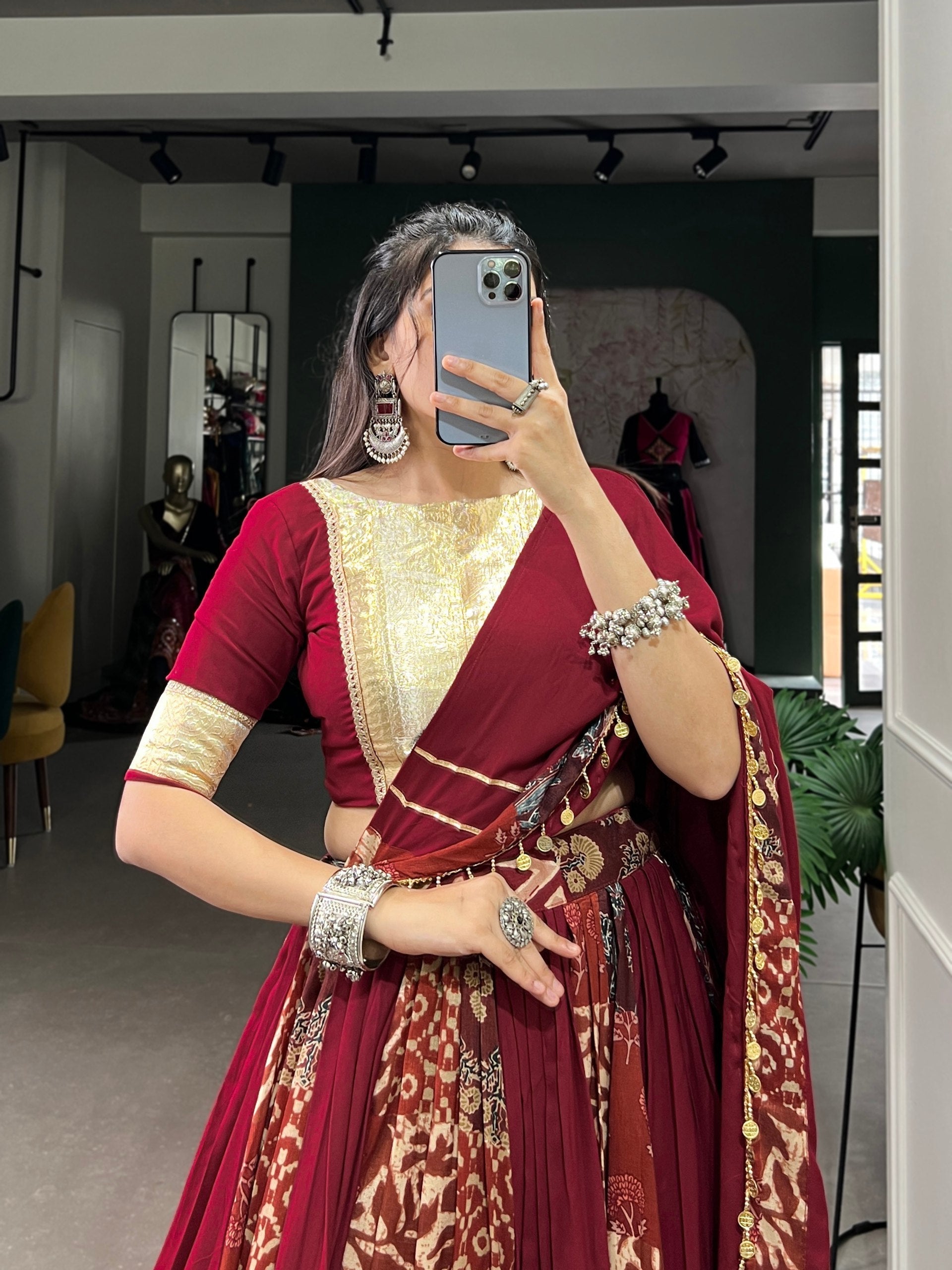 Lorenvalley Maroon Rayon and Tussar Silk Plain And Printed With Embossed Design Gota Lace Lehenga Choli with Dupatta