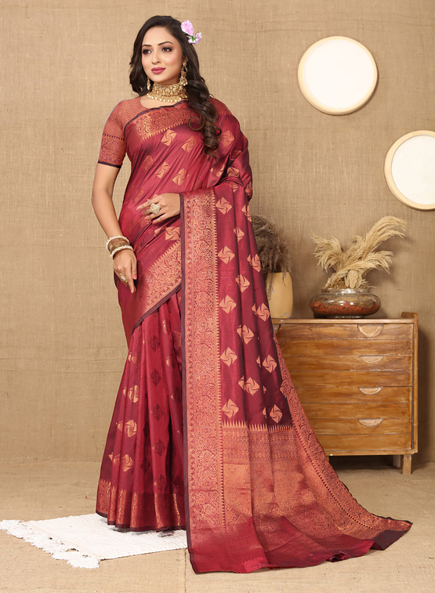 Lorenvalley Fashion Maroon Soft Katan Silk Woven Design Copper Zari Weaving Saree