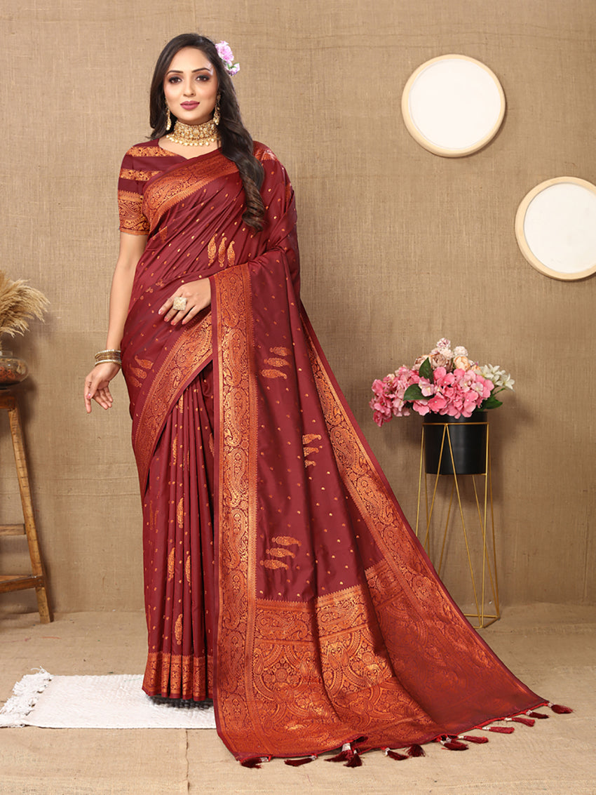 Lorenvalley Fashion Maroon Soft Silk Copper Zari weaving Design Saree