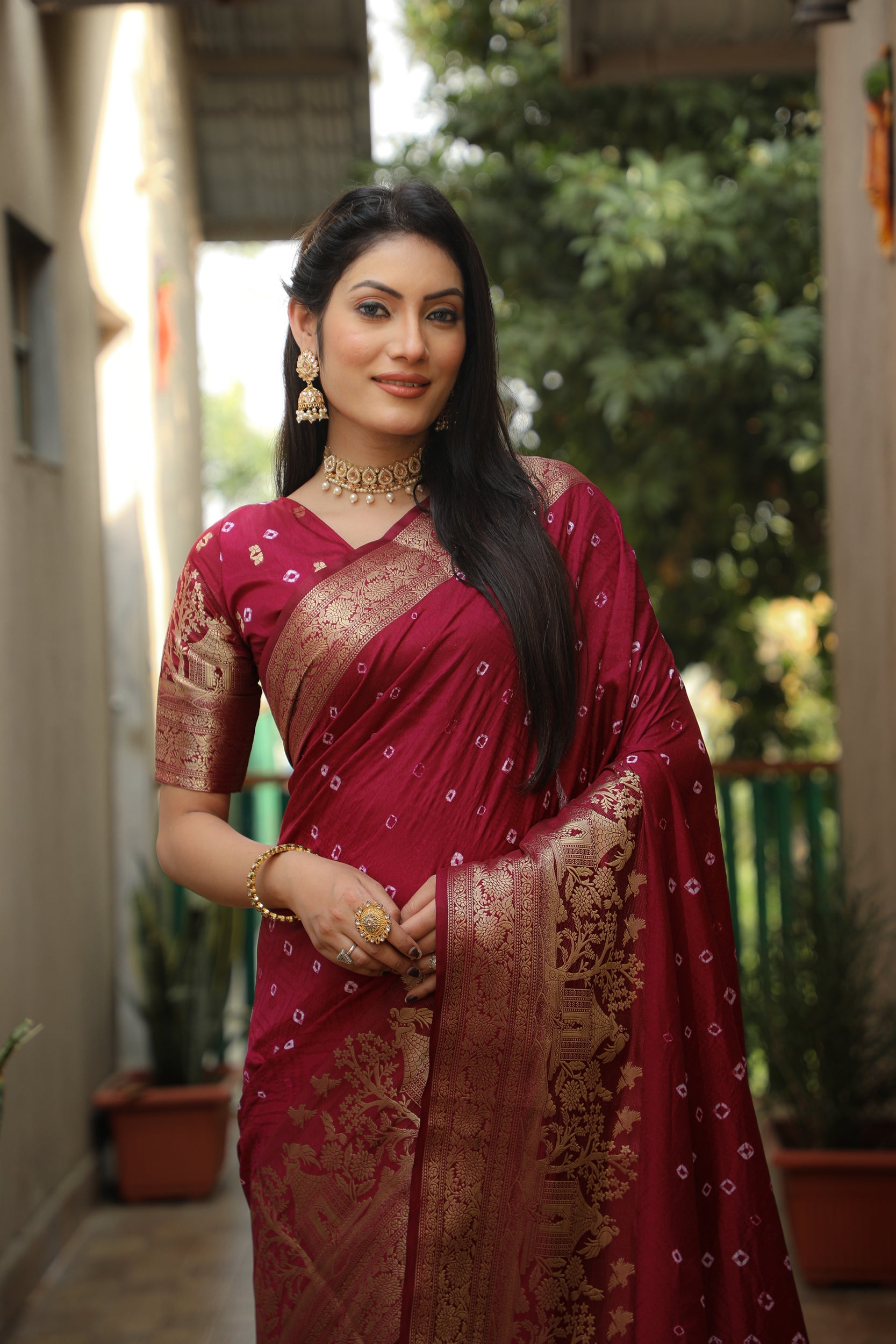 Lorenvalley Premium Pure Handmade Bandhej Kanjivaram silk saree with Zari Weaving Rich Pallu saree - Maroon