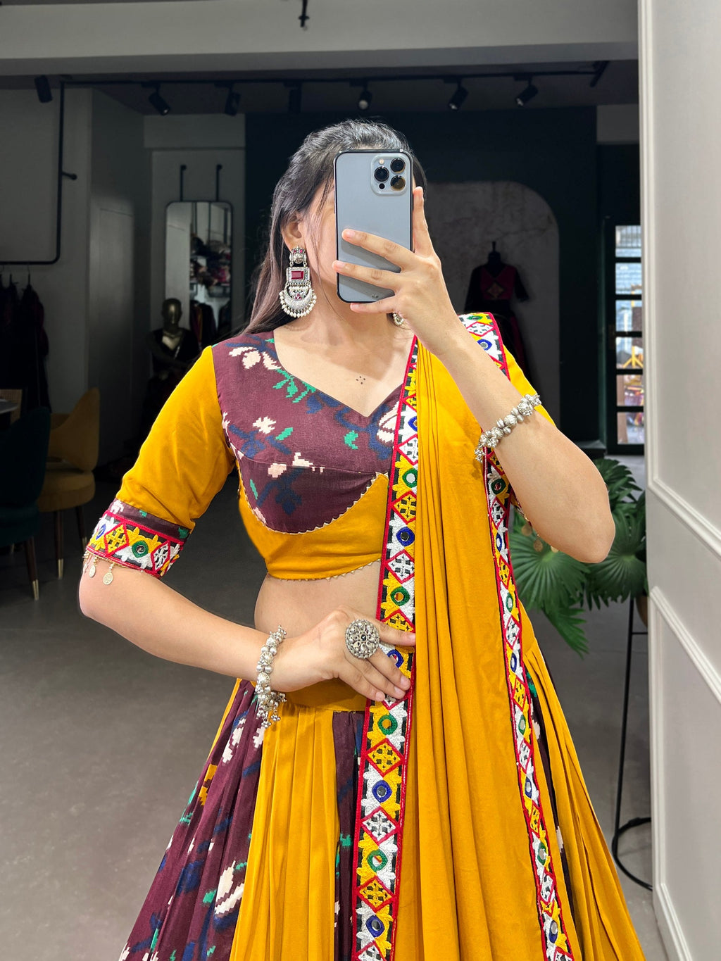 Lorenvalley Yellow and Wine Rayon with Printed Silk Original Mirror Gamthi Work and Embossed Design Gota Lehenga Choli with Dupatta