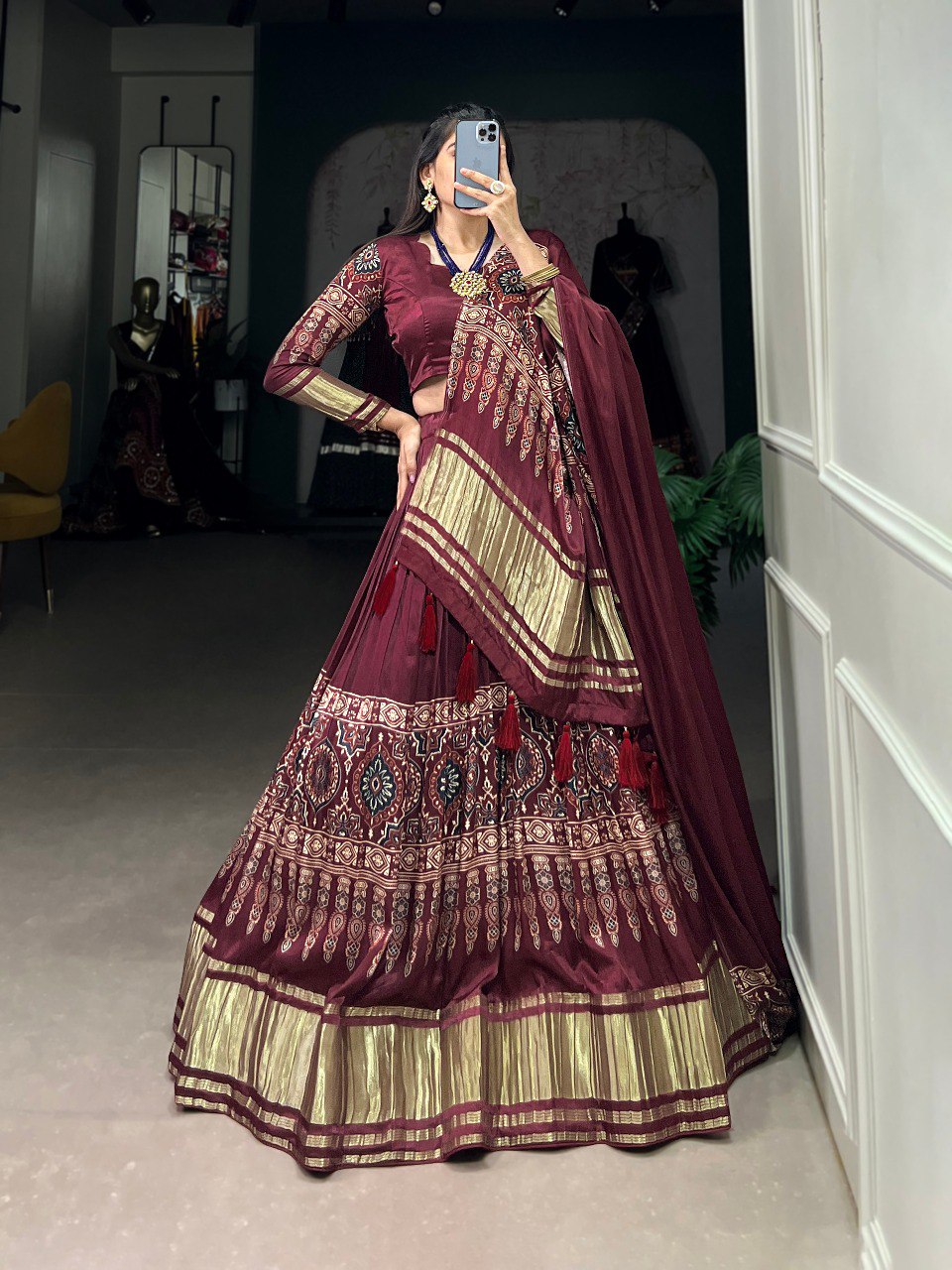Lorenvalley Maroon Gaji Silk Digital Print With Lagadi Patta Lehenga Choli with Dupatta