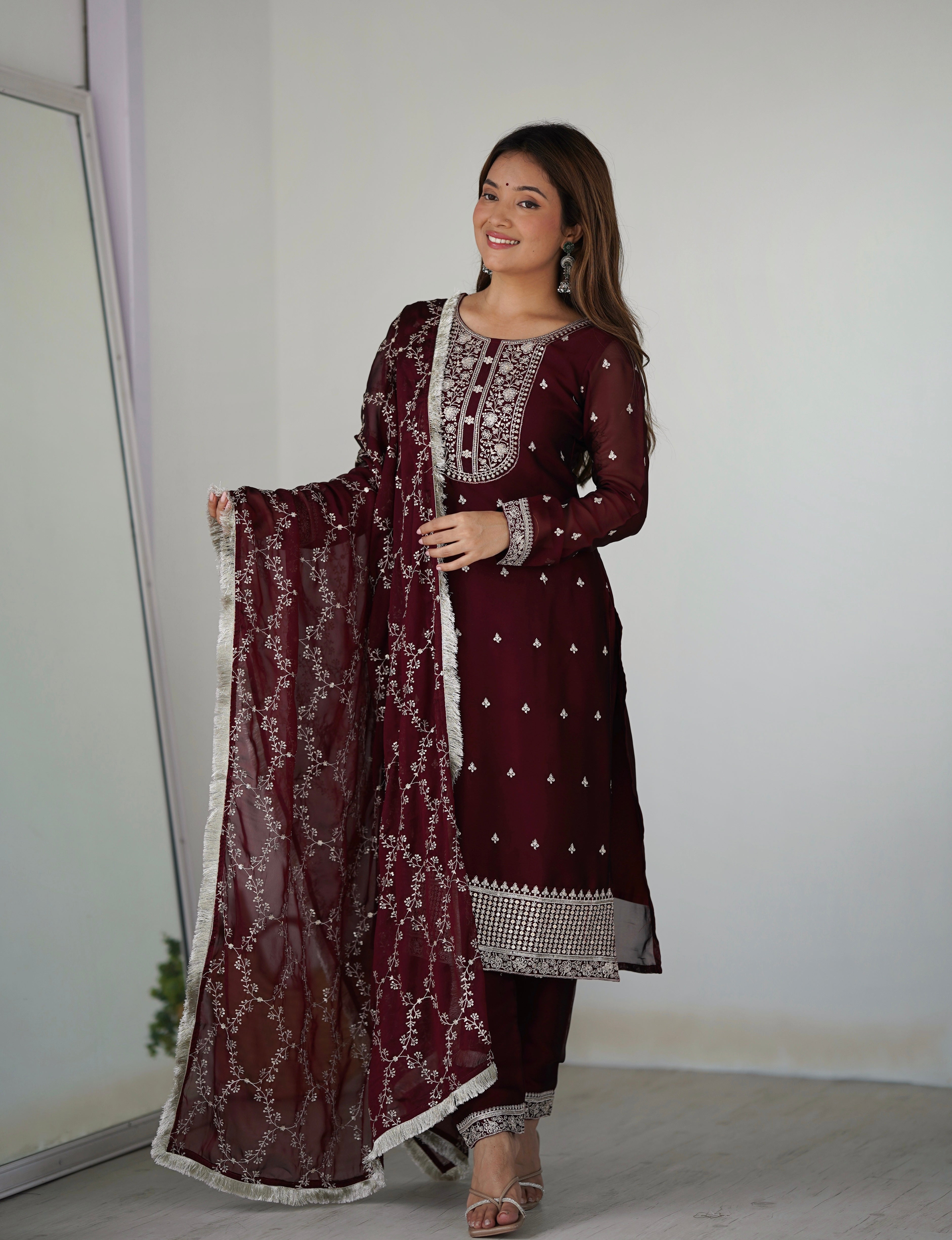 Lorenvalley Maroon Rangoli Silk Embroidery Sequence And Thread Work Kurta Trousers with Dupatta Set