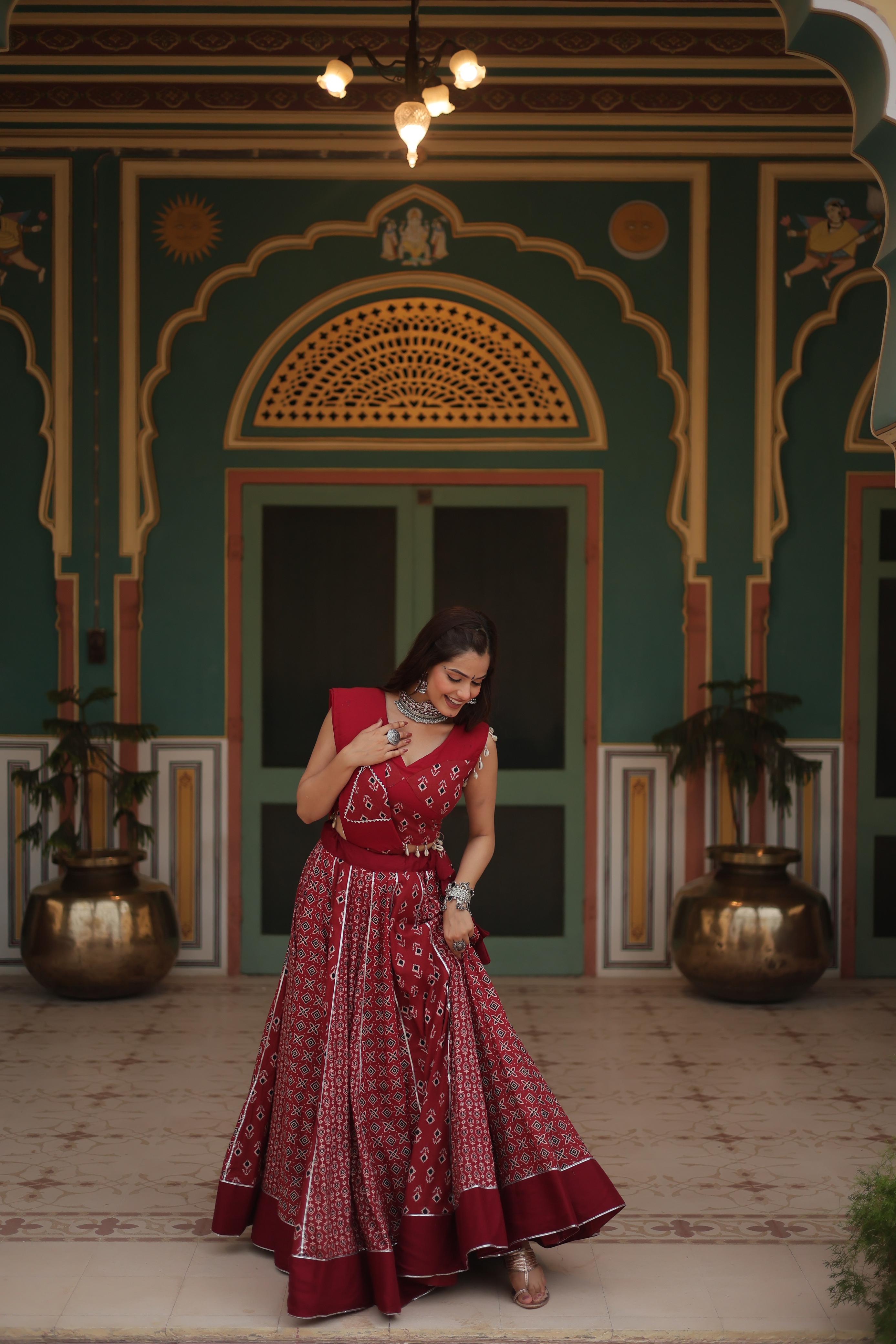 Lorenvalley Maroon Rayon Gota Patti Lace Printed Kali Pattern Lehenga Choli with Dupatta
