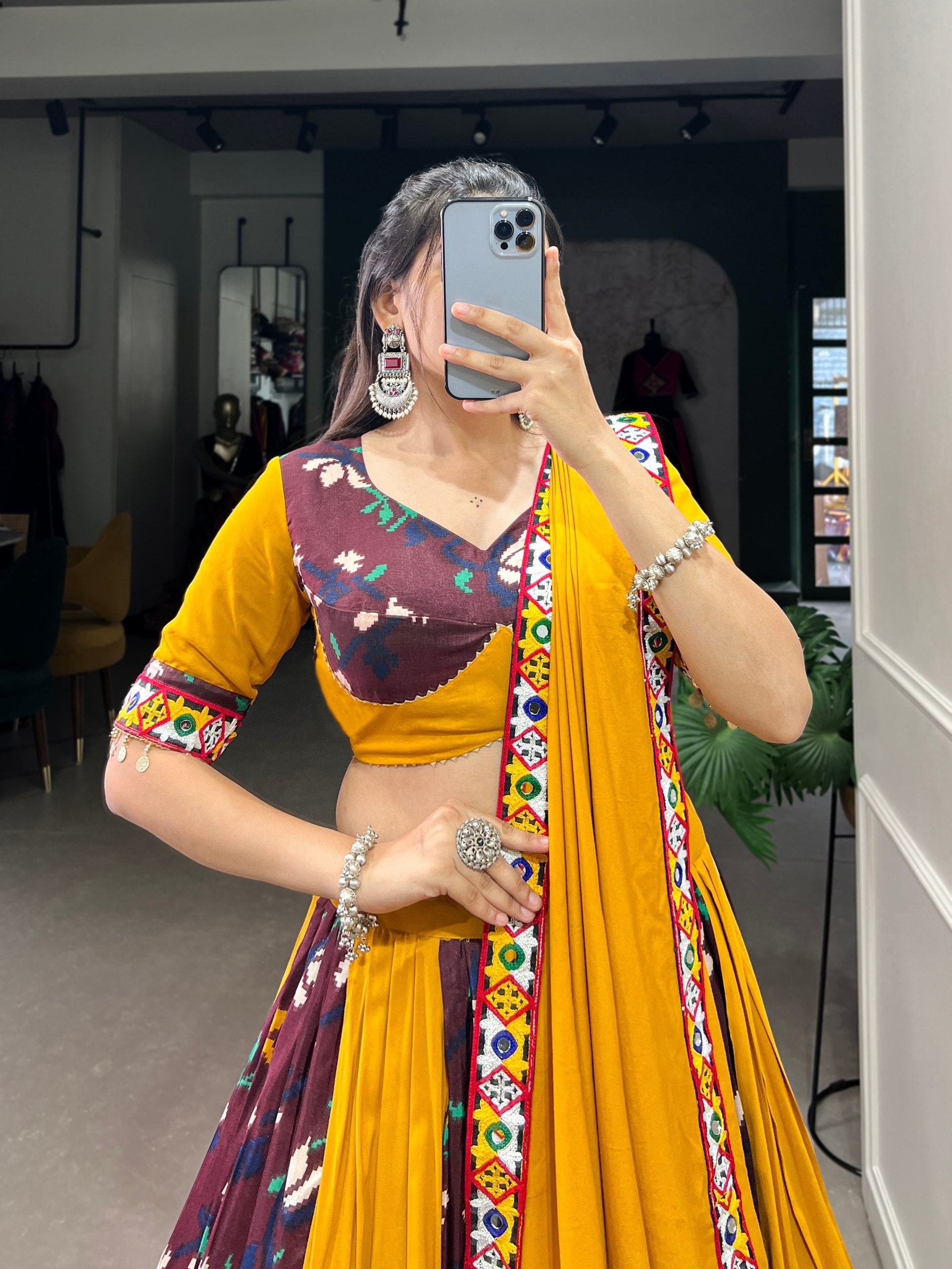 Lorenvalley Rayon with Yellow and Wine Printed Silk Original Mirror Gamthi Work and Embossed Design Gota Lehenga Choli with Dupatta