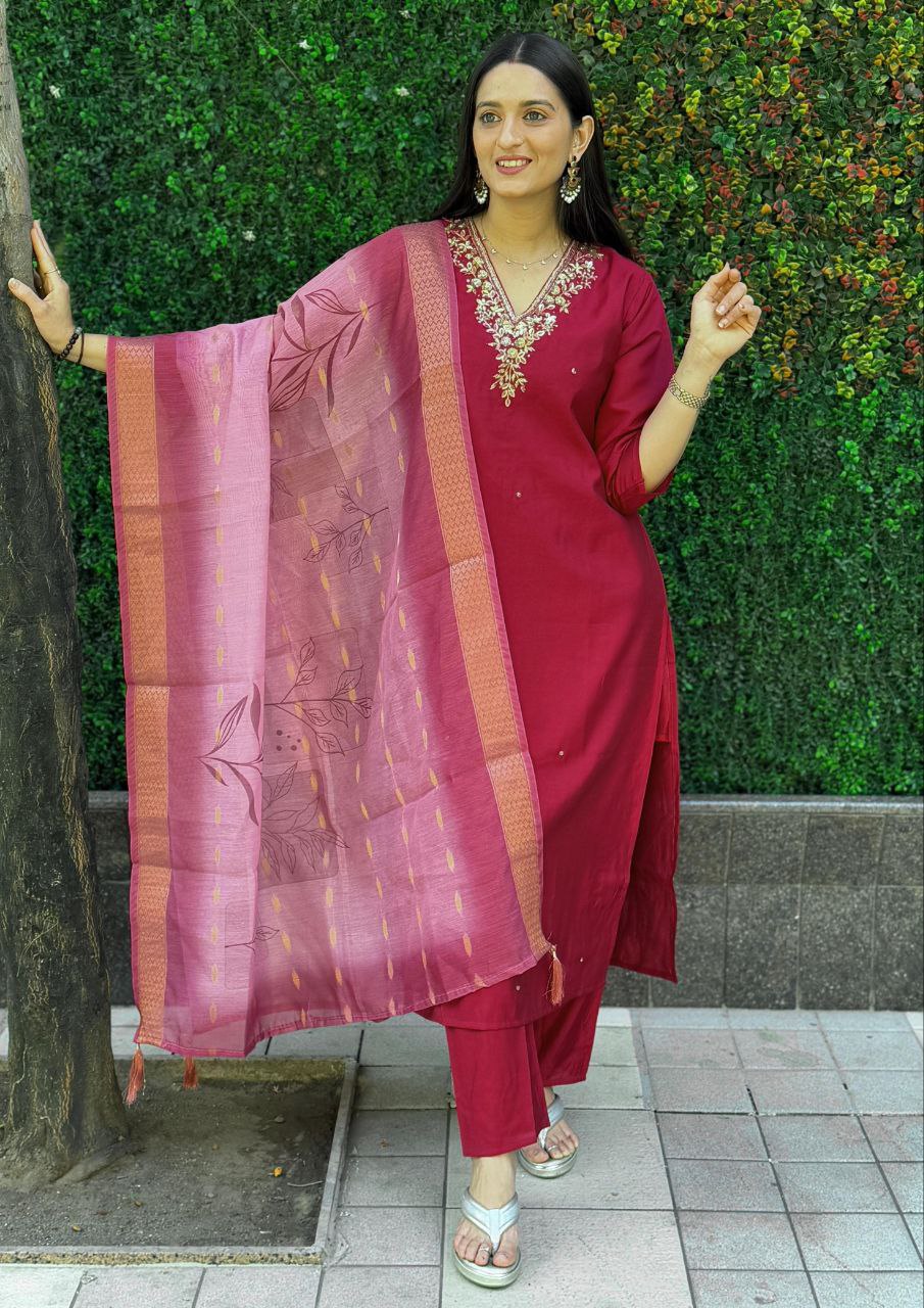 Lorenvalley Fashion Maroon Roman Silk Hand Work Kurta Pant with Dupatta - Distacart
