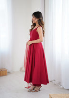 Lorenvalley Fashion Maroon Pure Romansilk Chanderi Fabric Yoke Fancy Lace Work Anarkali Kurta Pant With Dupatta Set