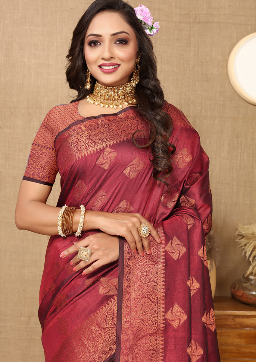 Lorenvalley Fashion Maroon Soft Katan Silk Woven Design Copper Zari Weaving Saree