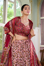 Lorenvalley Maroon Tussar Silk Floral Print with Foil Print Lehenga Choli with Dupatta