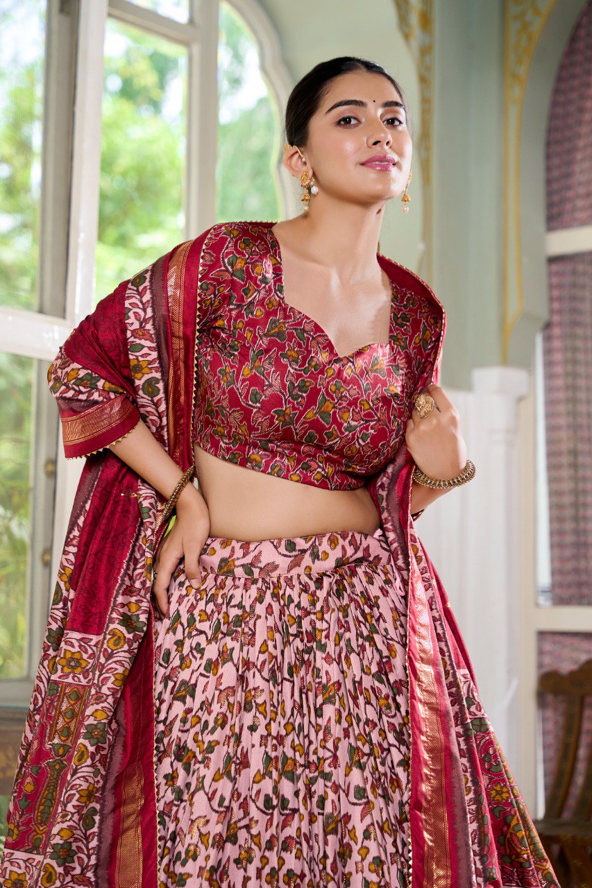 Lorenvalley Maroon Tussar Silk Floral Print with Foil Print Lehenga Choli with Dupatta