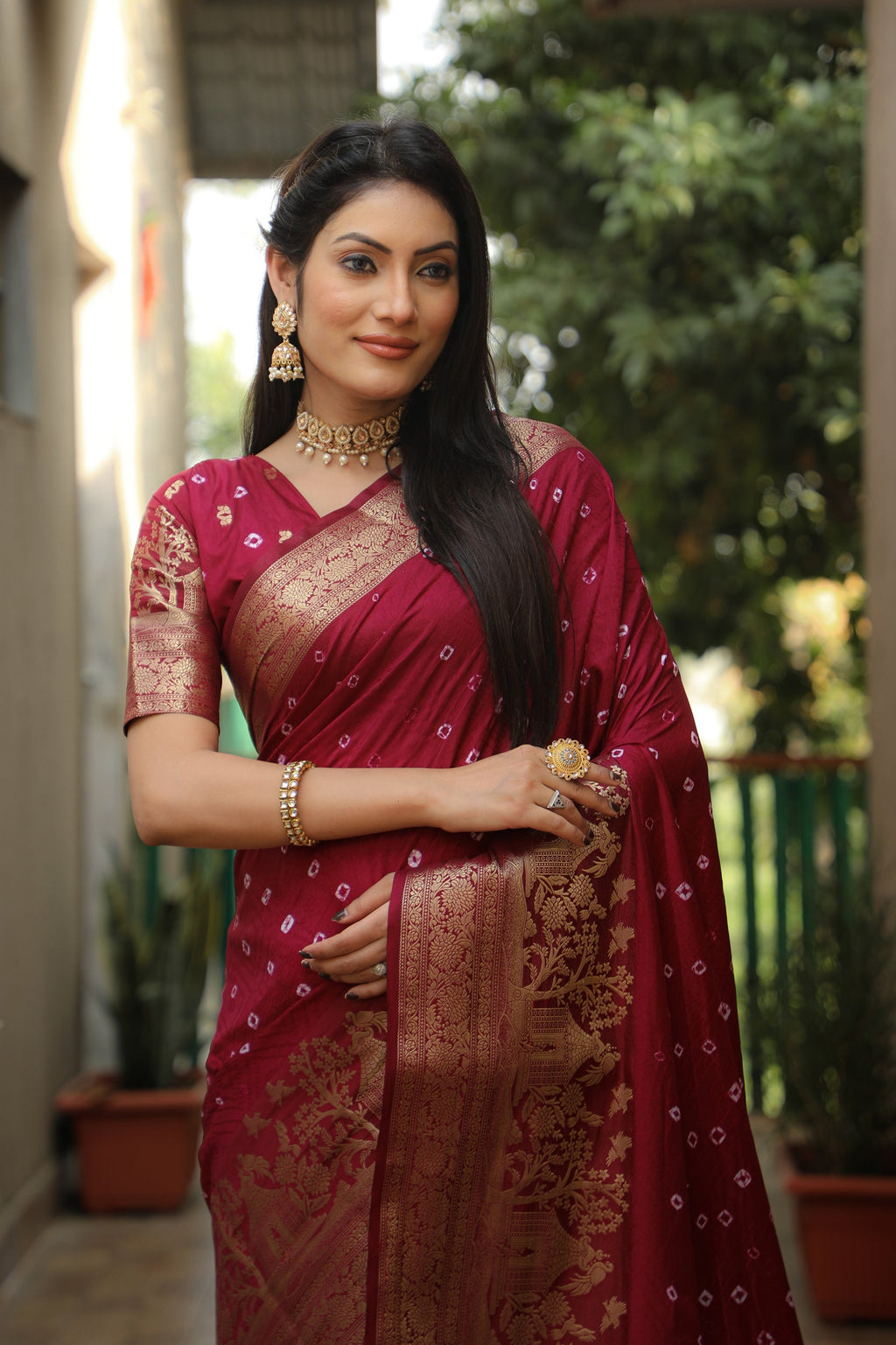 Lorenvalley Premium Pure Handmade Bandhej Kanjivaram silk saree with Zari Weaving Rich Pallu saree - Maroon