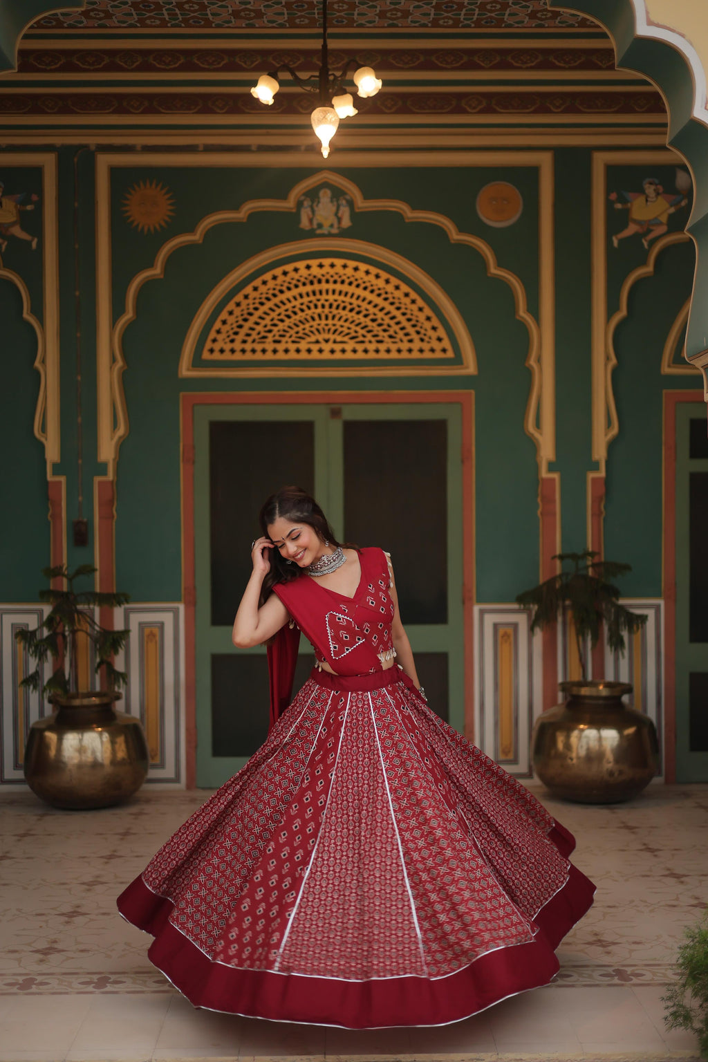 Lorenvalley Maroon Rayon Gota Patti Lace Printed Kali Pattern Lehenga Choli with Dupatta