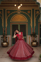 Lorenvalley Maroon Rayon Gota Patti Lace Printed Kali Pattern Lehenga Choli with Dupatta