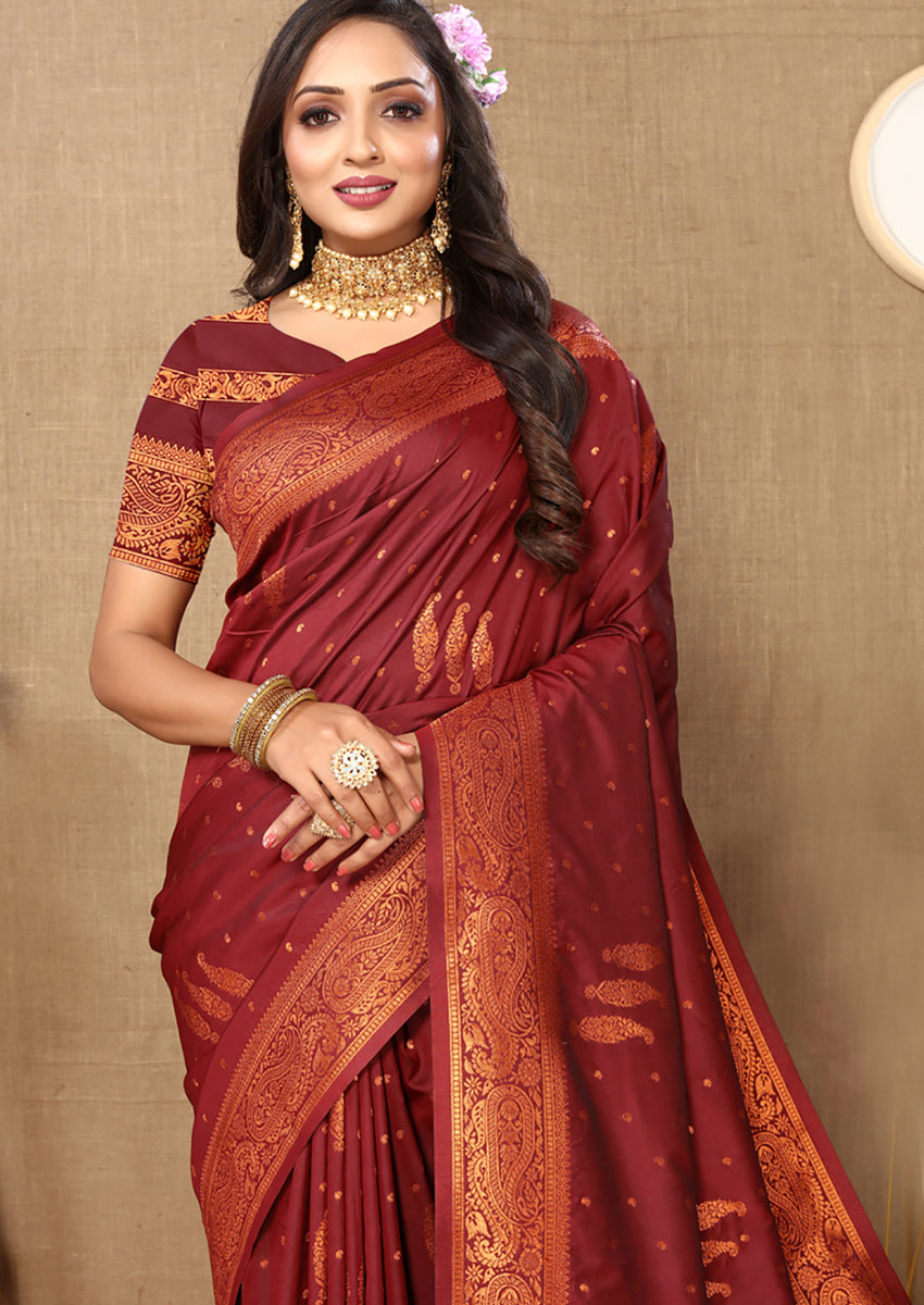 Lorenvalley Fashion Maroon Soft Silk Copper Zari weaving Design Saree