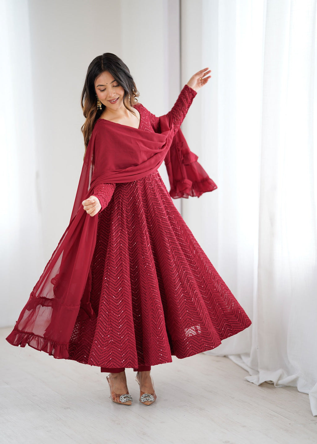 Lorenvalley Fashion Maroon Faux Georgette Lukhnowi Sequence Work Anarkali Kurta Pant With Dupatta Set - Distacart