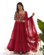 Lorenvalley Fashion Maroon Faux Georgette Embroidery 9 Needle Thread Work Anarkali Pant with Dupatta - Distacart
