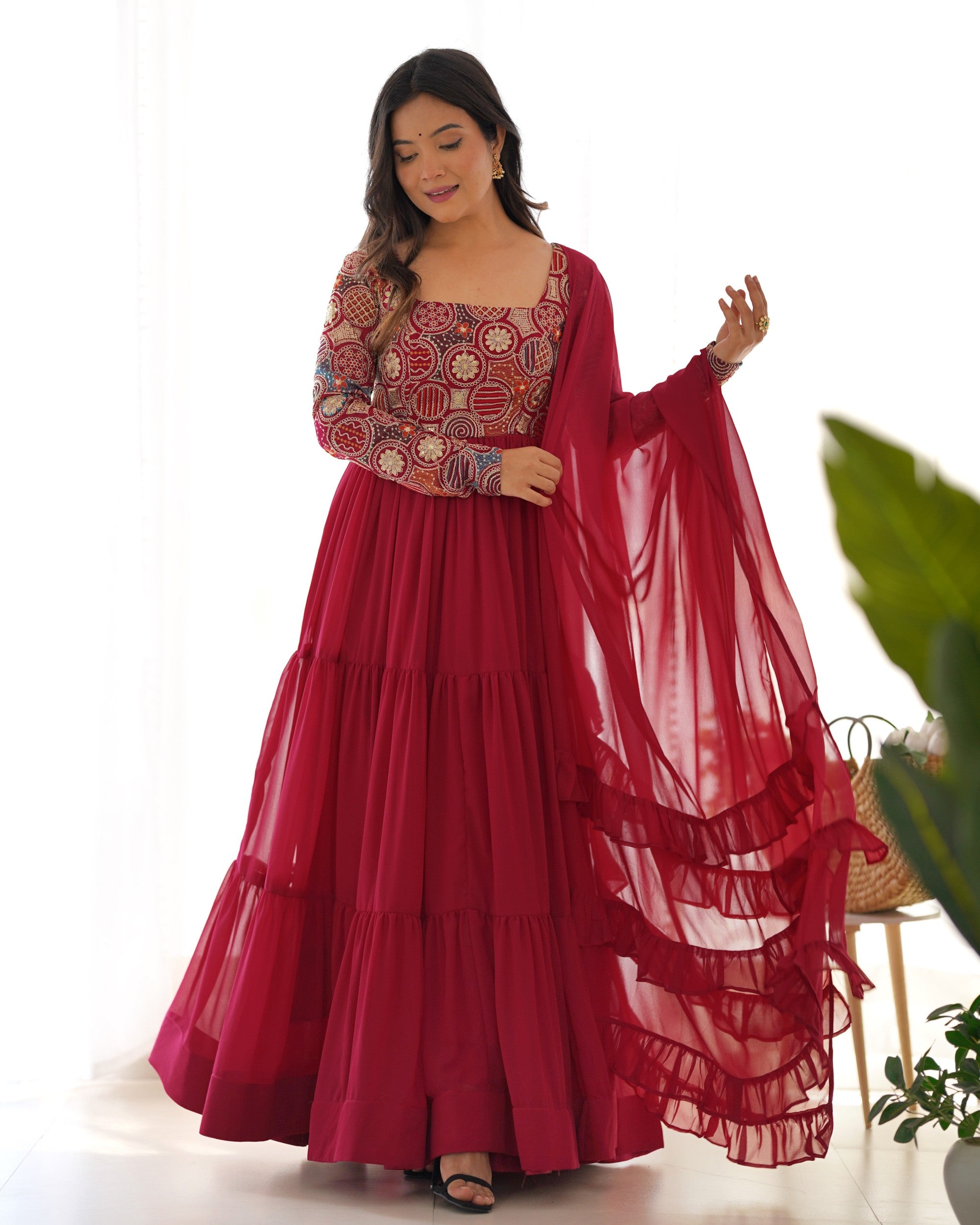 Lorenvalley Fashion Maroon Faux Georgette Embroidery 9 Needle Thread Work Anarkali Pant with Dupatta - Distacart