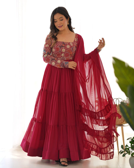 Lorenvalley Fashion Maroon Faux Georgette Embroidery 9 Needle Thread Work Anarkali Pant with Dupatta