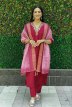 Lorenvalley Fashion Maroon Roman Silk Hand Work Kurta Pant with Dupatta - Distacart