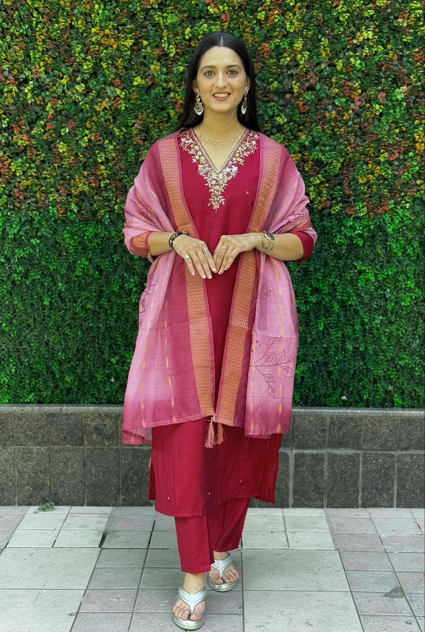 Lorenvalley Fashion Maroon Roman Silk Hand Work Kurta Pant with Dupatta - Distacart