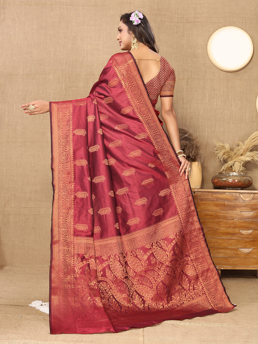 Lorenvalley Fashion Maroon Soft Katan Silk Woven Design Copper Zari Weaving Saree