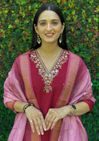 Lorenvalley Fashion Maroon Roman Silk Hand Work Kurta Pant with Dupatta - Distacart