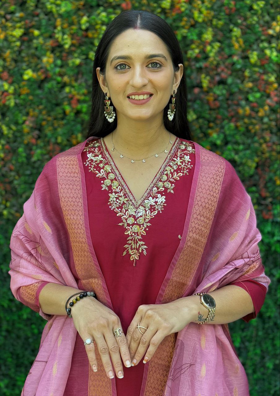 Lorenvalley Fashion Maroon Roman Silk Hand Work Kurta Pant with Dupatta - Distacart