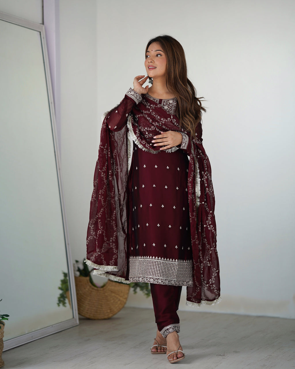 Lorenvalley Maroon Rangoli Silk Embroidery Sequence And Thread Work Kurta Trousers with Dupatta Set
