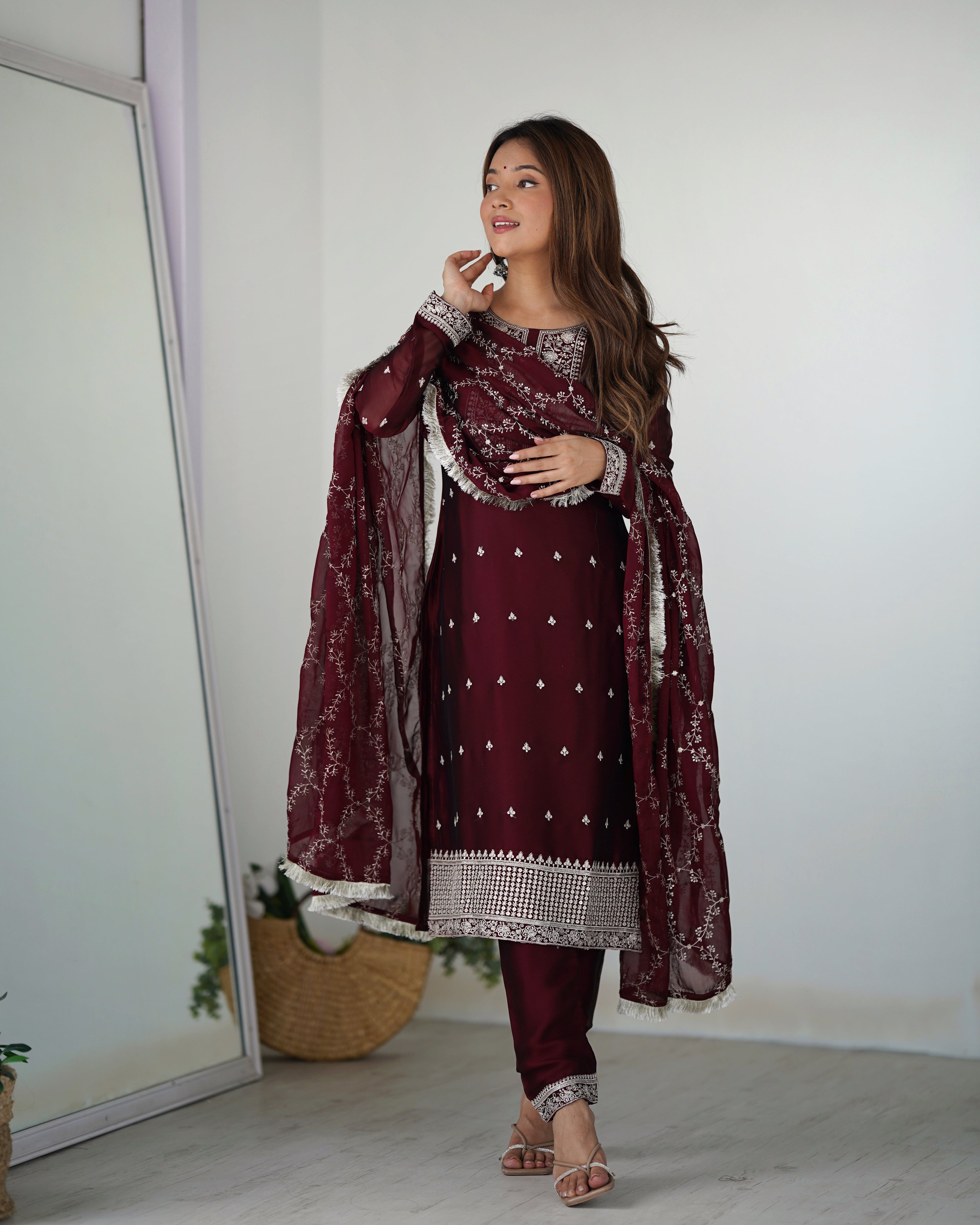Lorenvalley Maroon Rangoli Silk Embroidery Sequence And Thread Work Kurta Trousers with Dupatta Set
