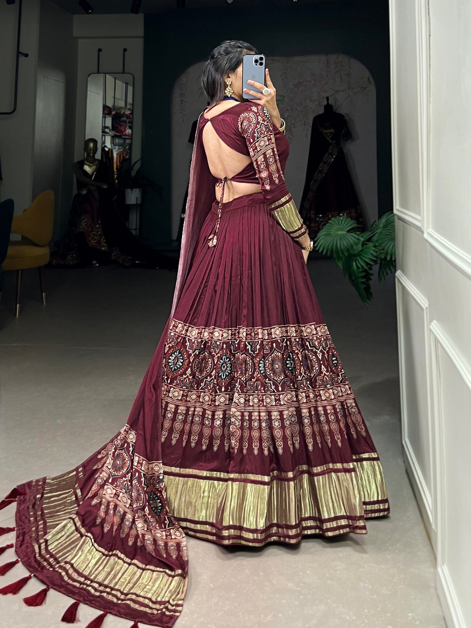 Lorenvalley Maroon Gaji Silk Digital Print With Lagadi Patta Lehenga Choli with Dupatta