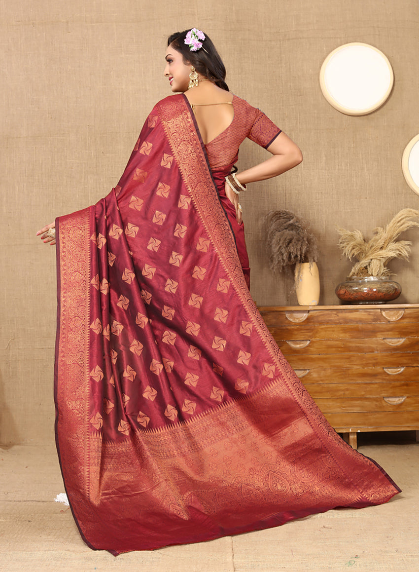 Lorenvalley Fashion Maroon Soft Katan Silk Woven Design Copper Zari Weaving Saree