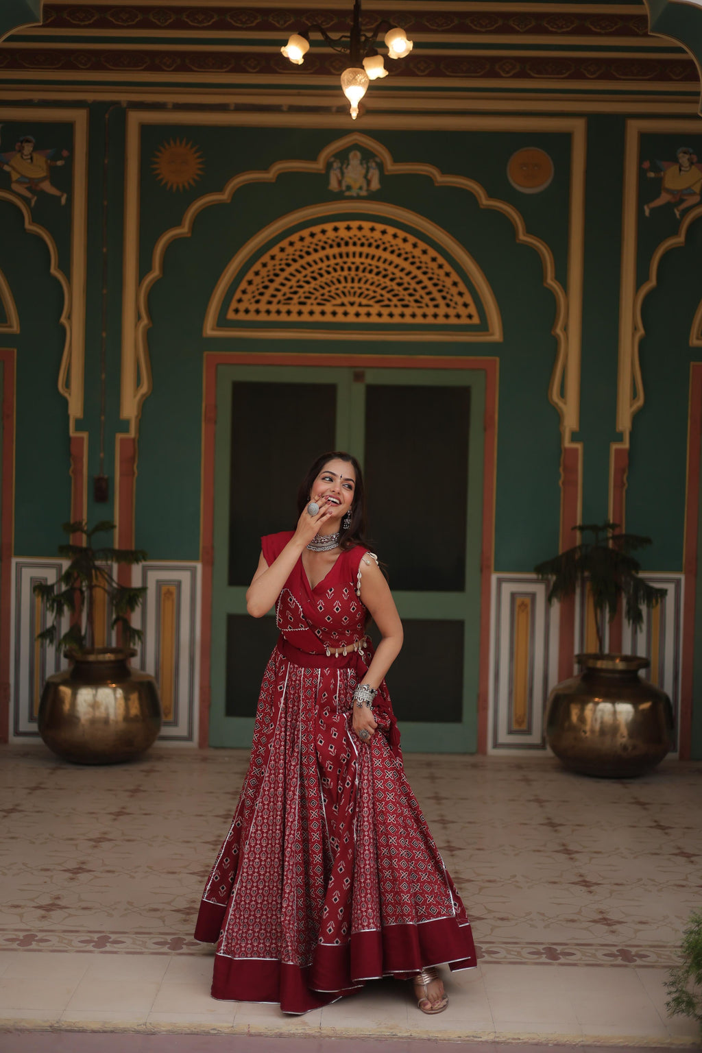 Lorenvalley Maroon Rayon Gota Patti Lace Printed Kali Pattern Lehenga Choli with Dupatta
