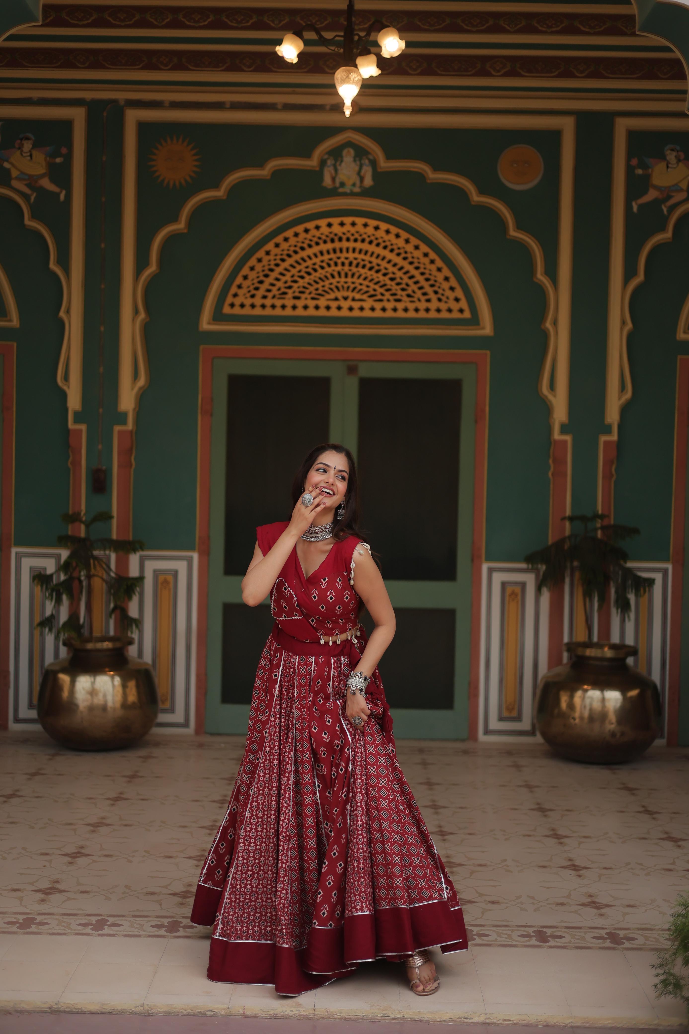 Lorenvalley Maroon Rayon Gota Patti Lace Printed Kali Pattern Lehenga Choli with Dupatta