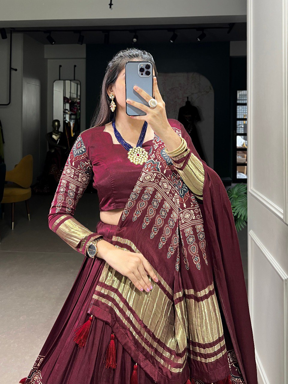 Lorenvalley Maroon Gaji Silk Digital Print With Lagadi Patta Lehenga Choli with Dupatta