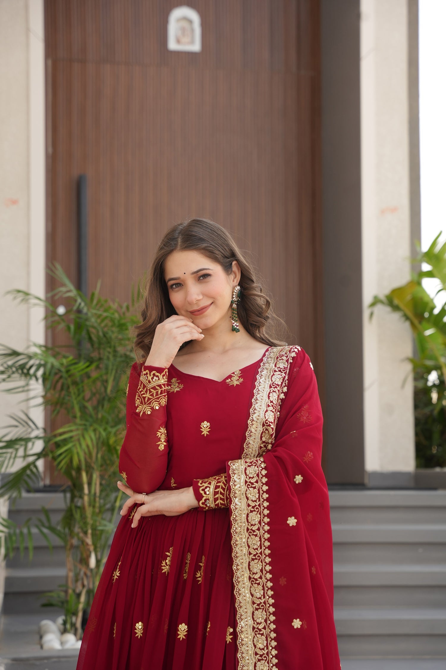 Lorenvalley Fashion Maroon Faux Georgette with Zari & Sequins Embroidered Work Anarkali Gown with Dupatta - Distacart