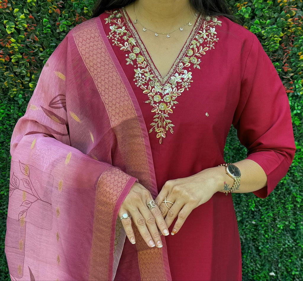 Lorenvalley Fashion Maroon Roman Silk Hand Work Kurta Pant with Dupatta - Distacart