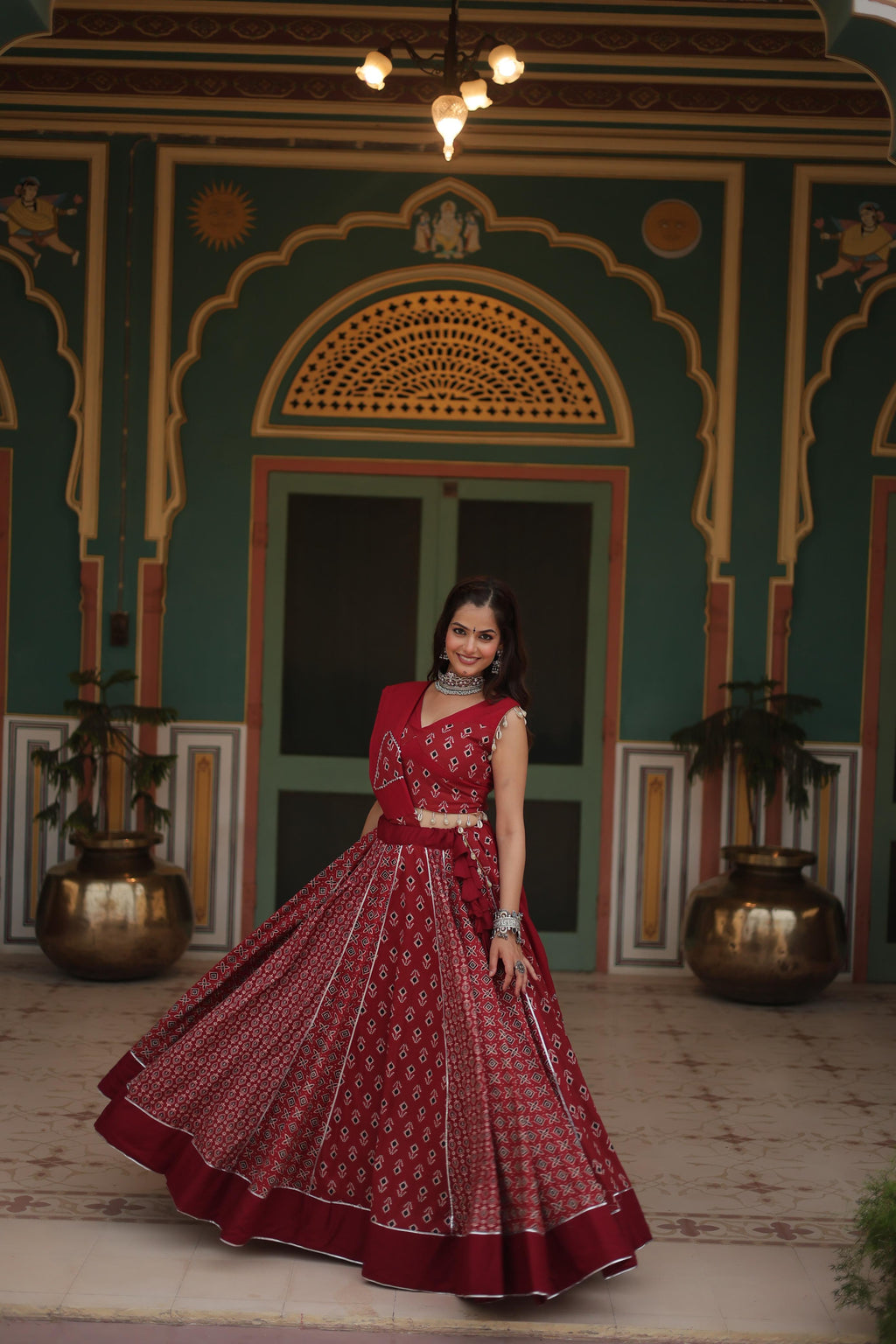 Lorenvalley Maroon Rayon Gota Patti Lace Printed Kali Pattern Lehenga Choli with Dupatta