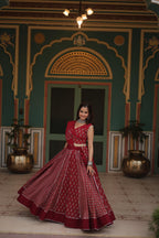 Lorenvalley Maroon Rayon Gota Patti Lace Printed Kali Pattern Lehenga Choli with Dupatta