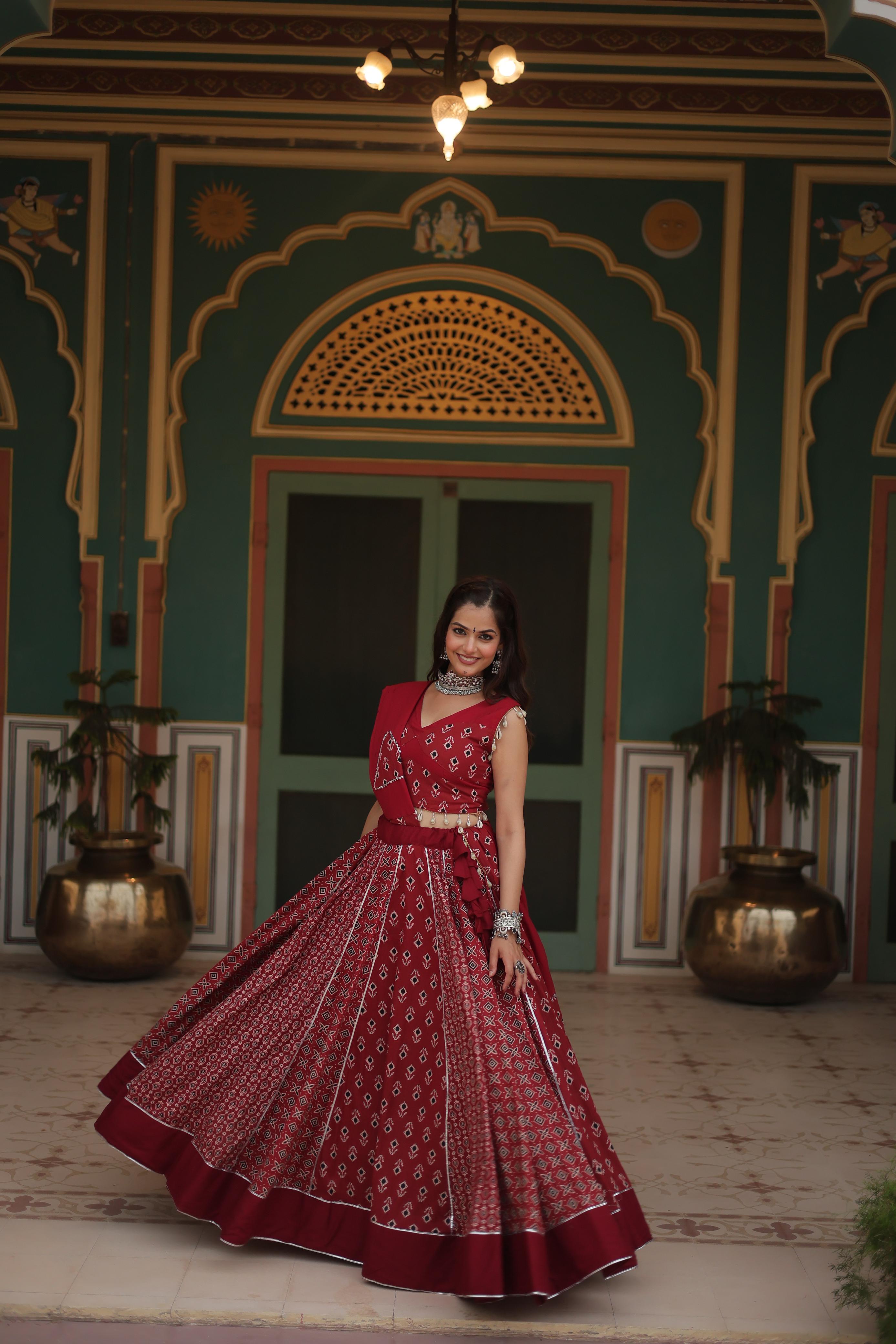 Lorenvalley Maroon Rayon Gota Patti Lace Printed Kali Pattern Lehenga Choli with Dupatta