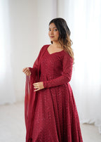 Lorenvalley Fashion Maroon Faux Georgette Lukhnowi Sequence Work Anarkali Kurta Pant With Dupatta Set - Distacart