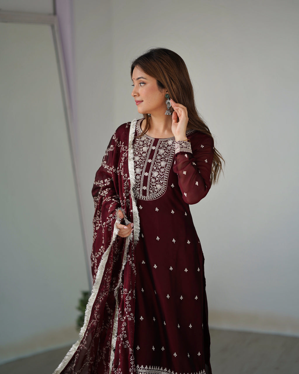 Lorenvalley Maroon Rangoli Silk Embroidery Sequence And Thread Work Kurta Trousers with Dupatta Set
