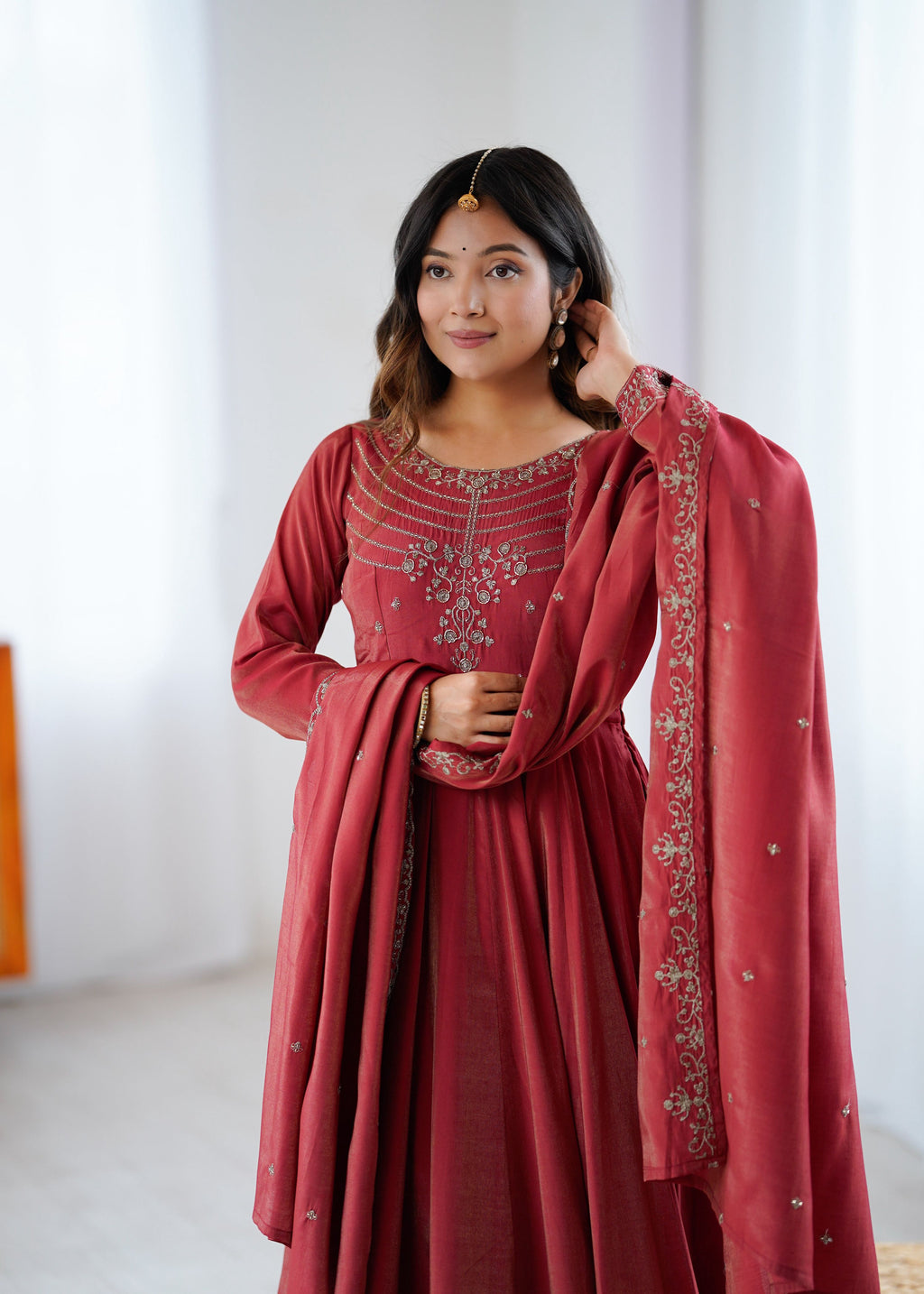 Lorenvalley Fashion Maroon Roman Shimmer Chanderi Silk Yoke Fancy Handwork Beads Work Anarkali Kurta Pant With Dupatta Set - Distacart