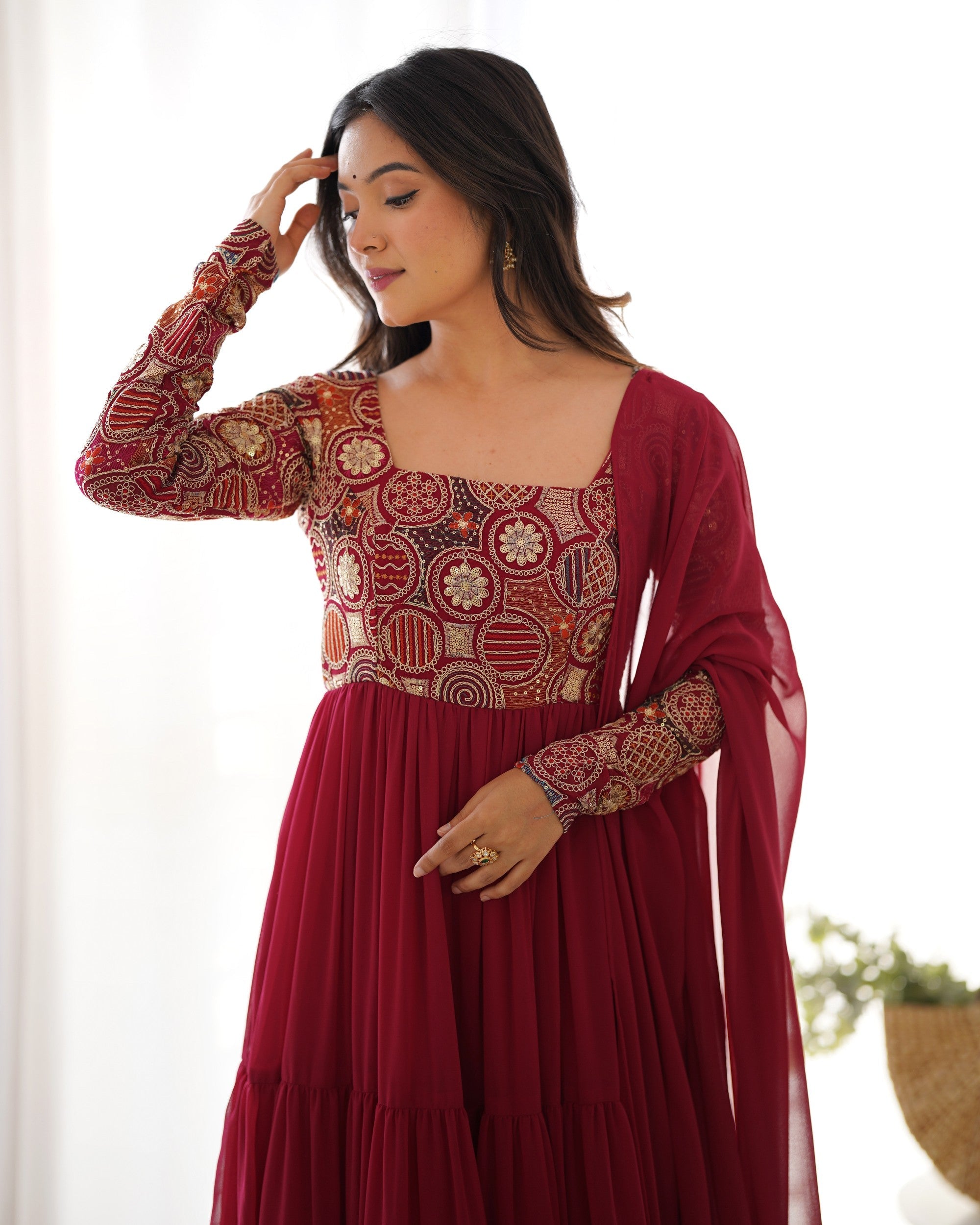 Lorenvalley Fashion Maroon Faux Georgette Embroidery 9 Needle Thread Work Anarkali Pant with Dupatta - Distacart