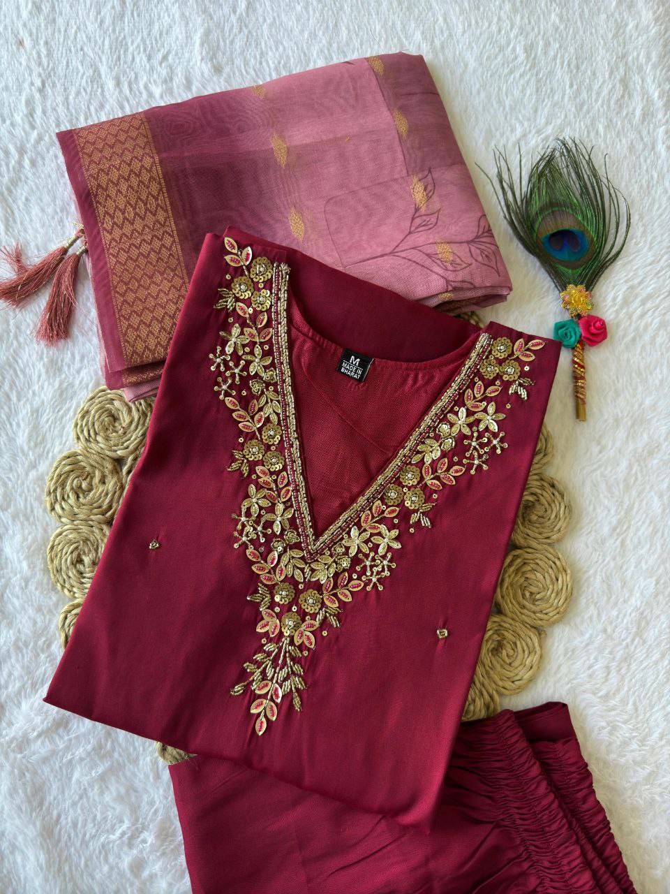 Lorenvalley Fashion Maroon Roman Silk Hand Work Kurta Pant with Dupatta - Distacart