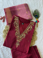 Lorenvalley Fashion Maroon Roman Silk Hand Work Kurta Pant with Dupatta - Distacart