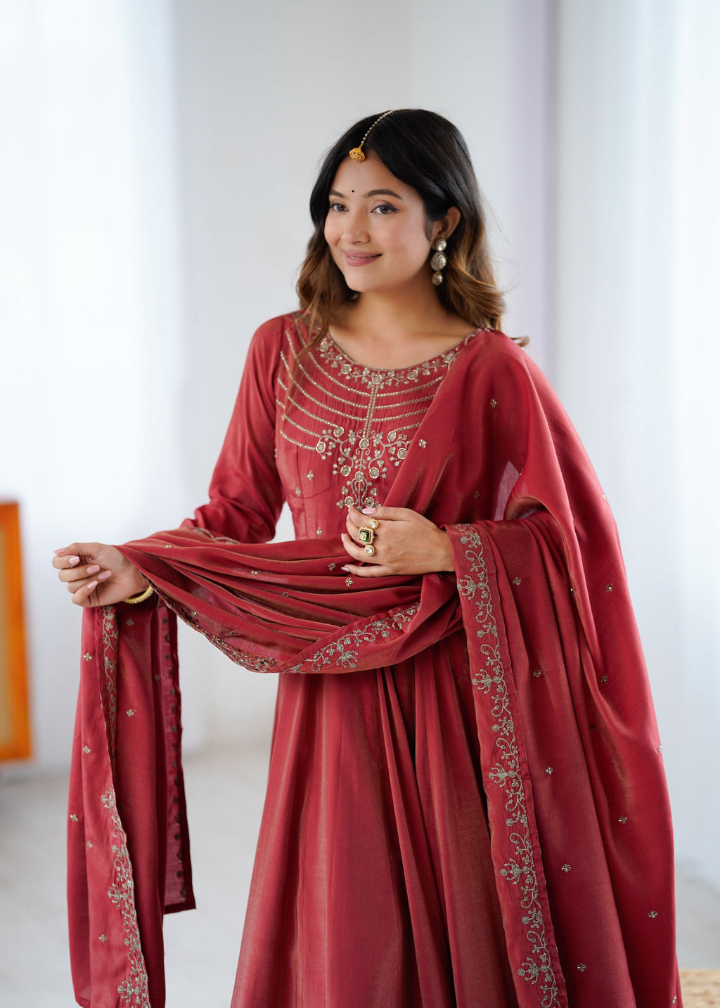 Lorenvalley Fashion Maroon Roman Shimmer Chanderi Silk Yoke Fancy Handwork Beads Work Anarkali Kurta Pant With Dupatta Set - Distacart