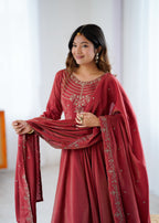 Lorenvalley Fashion Maroon Roman Shimmer Chanderi Silk Yoke Fancy Handwork Beads Work Anarkali Kurta Pant With Dupatta Set - Distacart
