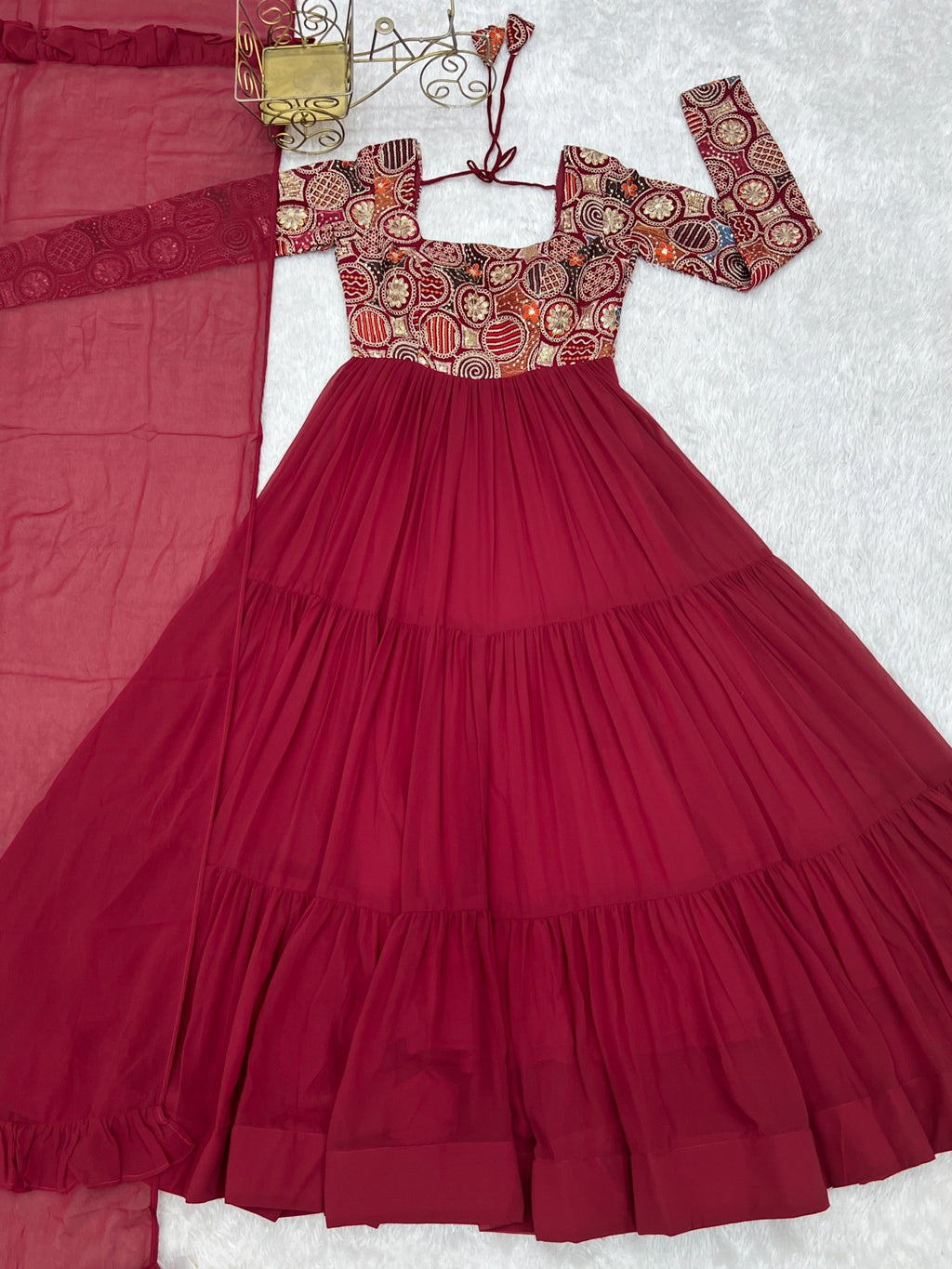 Lorenvalley Fashion Maroon Faux Georgette Embroidery 9 Needle Thread Work Anarkali Pant with Dupatta - Distacart