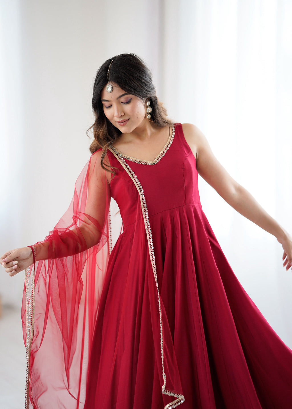 Lorenvalley Fashion Maroon Pure Romansilk Chanderi Fabric Yoke Fancy Lace Work Anarkali Kurta Pant With Dupatta Set