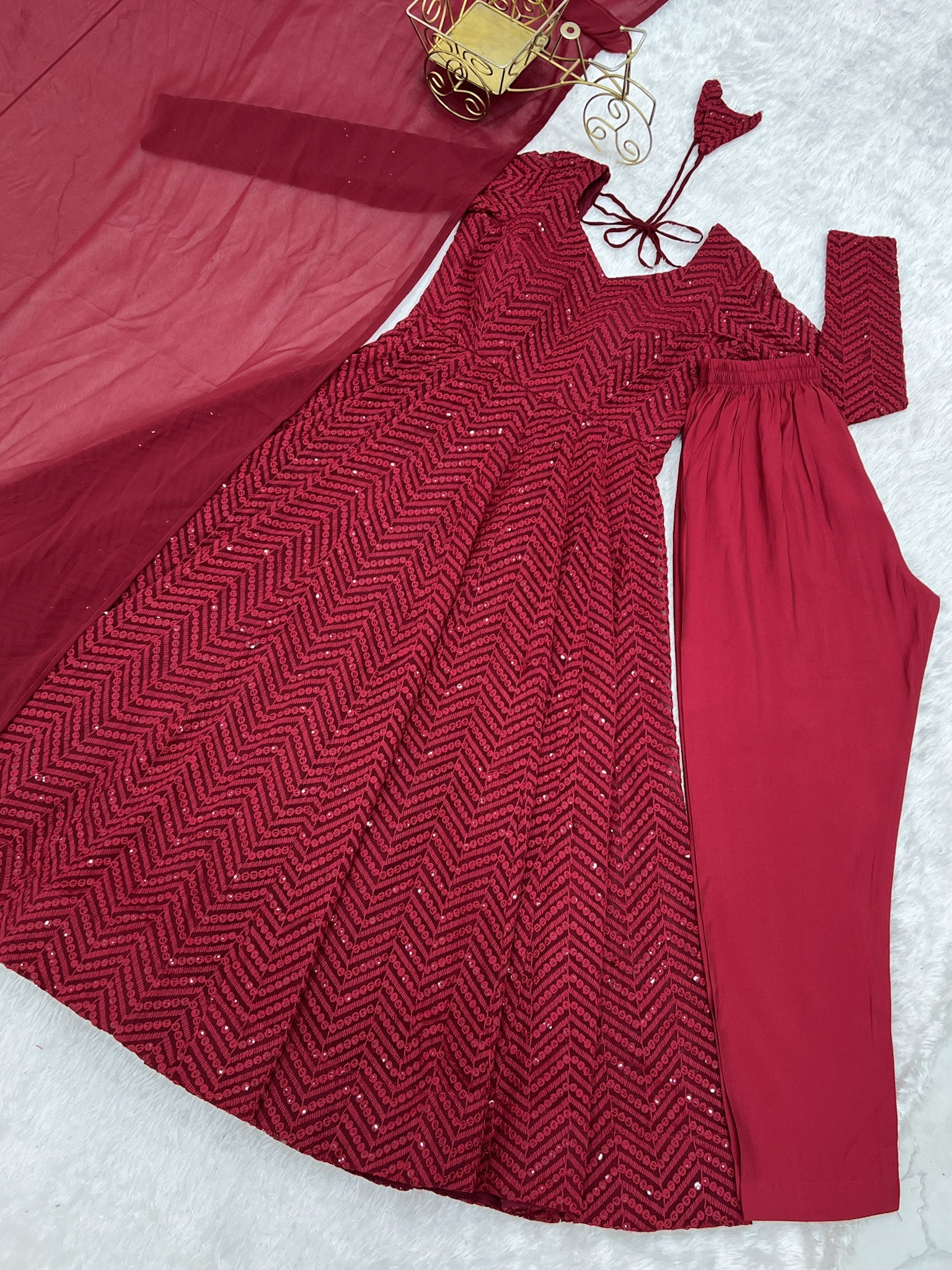 Lorenvalley Fashion Maroon Faux Georgette Lukhnowi Sequence Work Anarkali Kurta Pant With Dupatta Set - Distacart